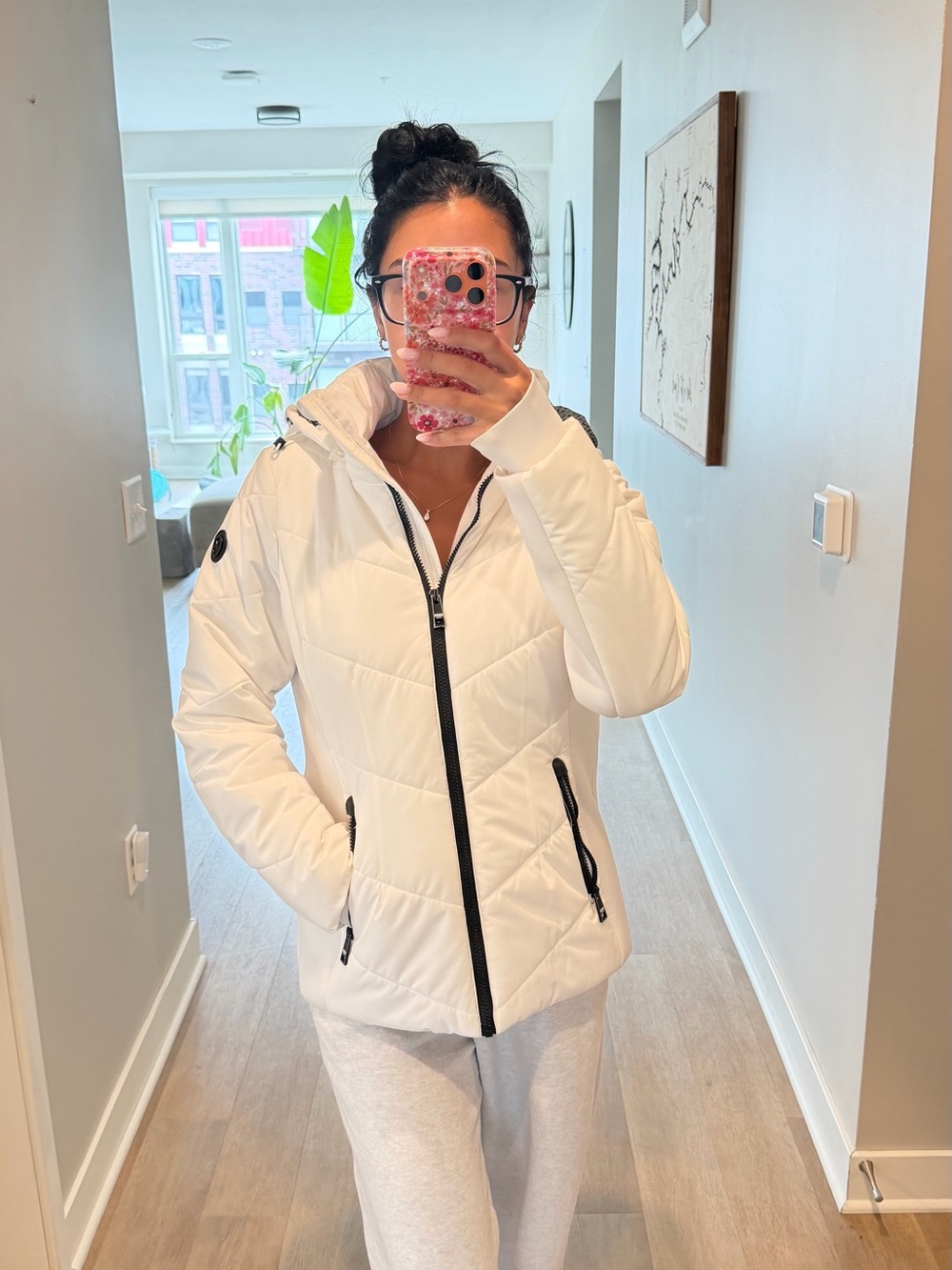 Michael Kors White Hooded Puffer Jacket with Black Trim